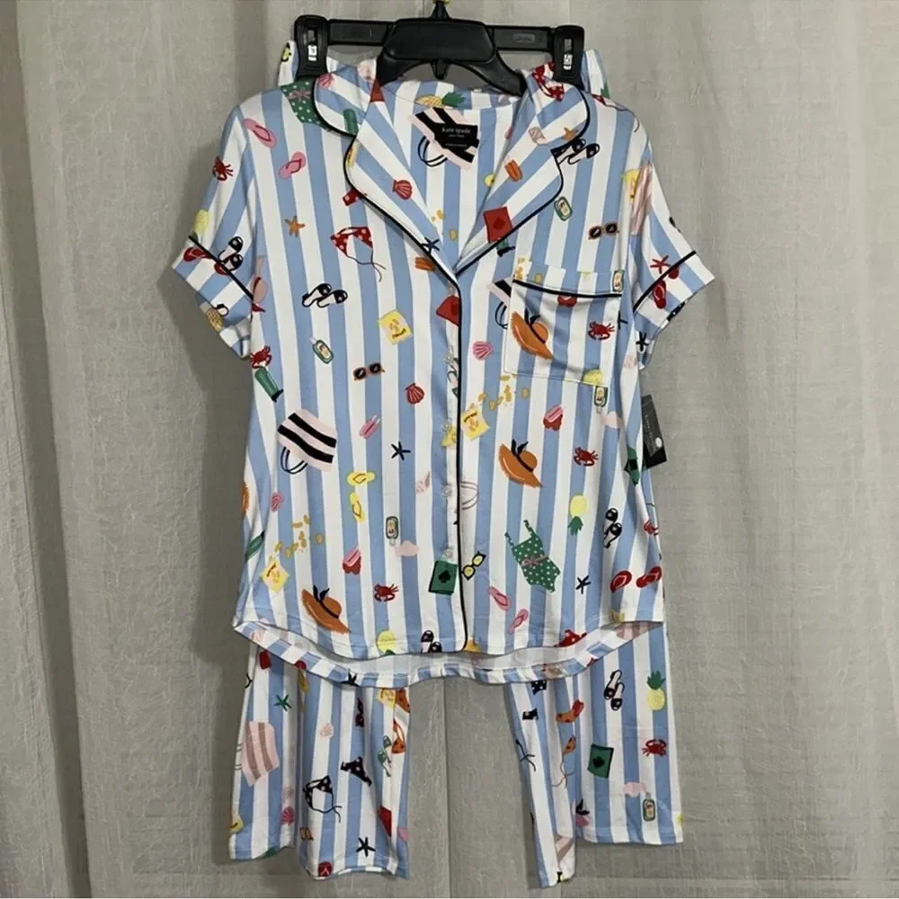 kate spade S White Aqua Blue Vertical Stripe Beach Themed Top Crop Pants PJ Set